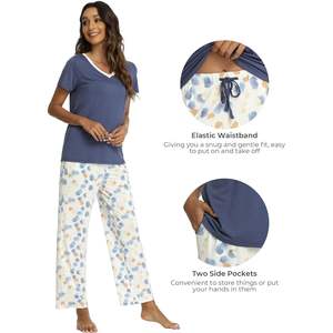 Conjunto de pijama de viscosa de bambú para mujer, camiseta de manga corta y pantalones, ropa de dormir cómoda y suave para mujer - Product Image 3