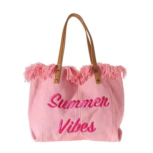 Custom Logo Oversize Large Capacity Embroidered Pink Beach Tote Bag Travel Canvas Shoulder Leather Strap Lady Bag For Women