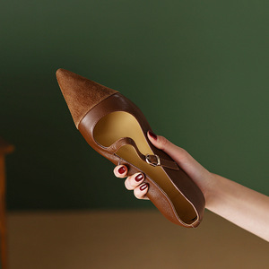 Zapatos individuales puntiagudos marrones Vintage para mujer, cucharón de boca plana y poco profunda, planos franceses con palabra - Product Image 3