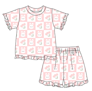 ชุดเซ็ตเสื้อผ้าเด็กผู้หญิงลายกระต่ายอีสเตอร์สีชมพูพร้อมโบว์  รุ่น GSSO3346 สำหรับเด็กผู้หญิงตัวเล็ก  ขายส่ง ชุดฤดูร้อนแขนสั้น - Product Image 4