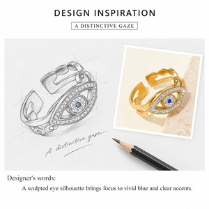 Gold Eye Motif Adjustable <b>Ring</b> <b>Stainless</b> <b>Steel</b> Zircon Jewelry with Blue Center Stone and 14K Gold Vacuum Plating - Product Image 4