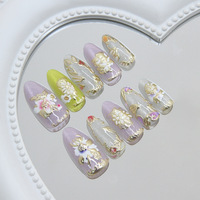 Faux Ongles Cat Eye Dorés à Motifs Floraux, à Coller, Forme Amande Moyenne, Paillettes, Fleurs 3D, Effet Feuille d'Or, Design Sophistiqué