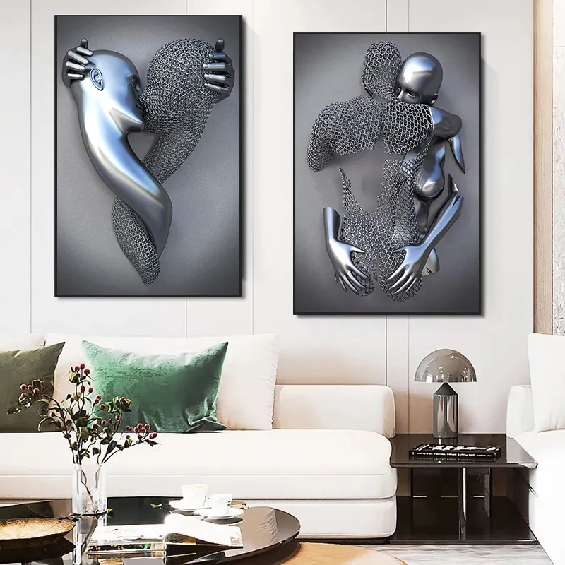 3D抽象的な金属像像キャンバスアート絵画ロマンチックな抽象的なポスターとプリント壁の写真モダンなリビングルーム