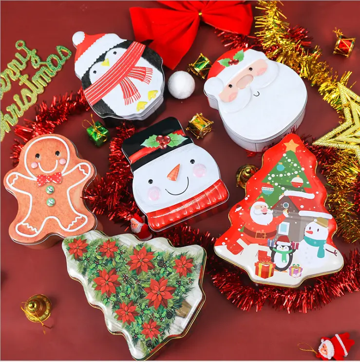 Set di lattine vuote personalizzate di serie di natale scatole di latta per pupazzo di neve di babbo natale scatole di barattolo di caramelle al cioccolato per biscotti natale