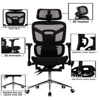 Chaise de bureau ergonomique avec support lombaire, dossier haut en maille noire, pivotante, appuie-tête réglable 4D, accoudoirs réglables 3D