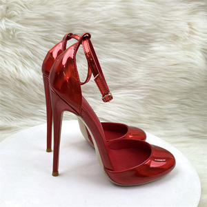 Zapatos de Tacón de Aguja para Mujer en Rojo Metálico con Punta Redonda y Correa al Tobillo, Calzado de Verano para Dama Estilo <span class=keywords><strong>Pasarela</strong></span> - Product Image 5