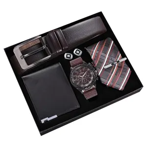 Popular Items Quartz Watch Set 5 Pcs with Gift Box Luxury Watch Leather Belt Tie Wallet Brooch Gift Sets for Fathers Day Gifts