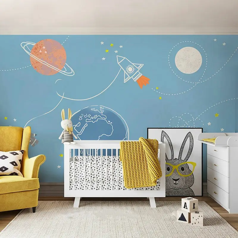 Latar belakang dinding Planet angkasa kartun grafiti gambaran tangan Wallpaper kamar anak-anak Mural latar belakang kamar tidur anak perempuan anak laki-laki