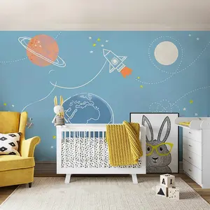 Cartoon Space Planet Wall Covering Hand Drawn Graffiti Children's Room Wallpaper Boy Girl Bedroom Nursery Background Mural