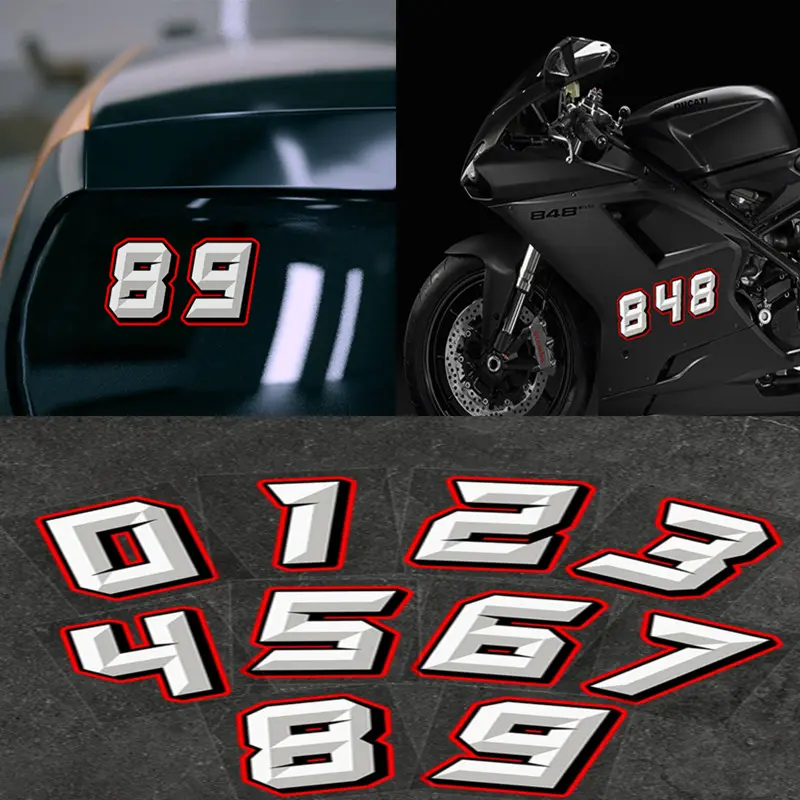 Yaratıcı çıkartmalar 0 ila 9 arapça rakamları kask yarış numarası araba motosiklet Harley Moto aksesuarları kişilik vinil yapışkan