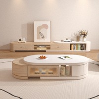 Ensemble meuble TV et table basse de luxe moderne blanc crème, console multimédia à bords arrondis, verre cannelé LED, mobilier de salon