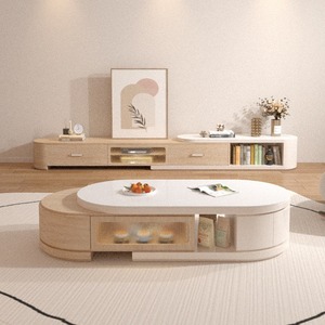Set Moderno di Lusso con Mobile TV e Tavolino da Caffè in Bianco Crema, Console Multimediale con Bordi Arrotondati, Vetro Scanalato LED, <span class=keywords><strong>Arredamento</strong></span> per Soggiorno - Product Image 1