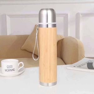 Stainless Steel Vacuum Flask With Bamboo Finish Double Wall Insulated Travel Thermos With Rope Handle - Product Image 1