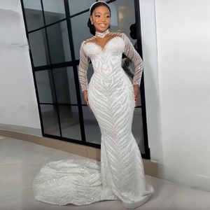 <span class=keywords><strong>Robe</strong></span> de mariée personnalisée, nouveau style, de luxe, africaine, grande taille, en dentelle, à manches longues, avec sequins et traîne <span class=keywords><strong>longue</strong></span> détachable - Product Image 2