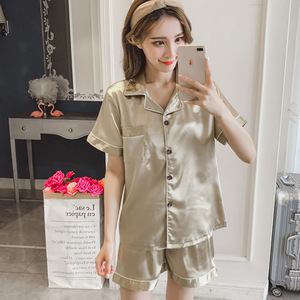 Donna estate Casual raso di seta <span class=keywords><strong>pigiama</strong></span> bottone signore manica corta pigiameria camicia + pantaloni <span class=keywords><strong>pigiama</strong></span> set - Product Image 2