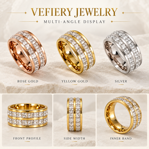 Wholesale Gold Plated Triple <b>Row</b> Zircon Stainless Steel Statement Band Ring for Women - Product Image 3