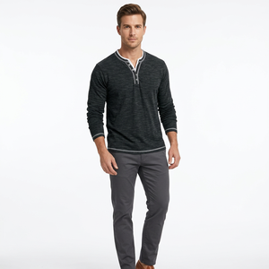 <b>Men's</b> Long Sleeve Polyester Henley T-<b>Shirt</b> V-Neck Contrast Trim Front Casual Knitted Solid Color Regular Fit Button-Up <b>Stretch</b> - Product Image 6