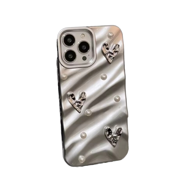 High-End Glossy Water Ripple 3D Heart Pearl TPU Phone Case for iPhone 11 12 13 14 15 Pro Max 3D Water Ripple Design Phone Grip