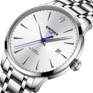 Montres pour hommes de haute qualité en acier inoxydable argenté et or rose avec cadran à rayures solaires littérales de l'usine KINYUED - Product Image 2