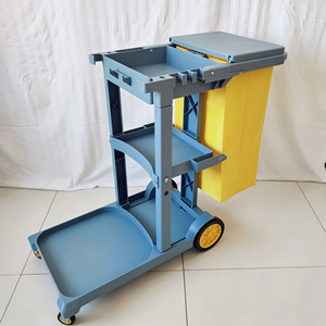 Chariot de nettoyage utilitaire pour l'entretien ménager, chariot de service mobile pour concierges avec porte-sacs poubelles, seau amovible, étagère multi-niveaux - Product Image 2