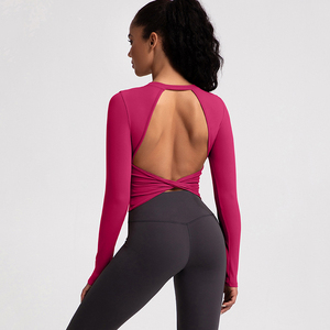 <span class=keywords><strong>T</strong></span>-<span class=keywords><strong>shirt</strong></span> de course à manches longues extensible léger à dos creux pour femmes grande taille en polyester Logo personnalisé sans couture pour adultes - Product Image 6