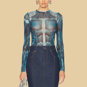 Tùy Chỉnh Lưới In Dài Tay Áo Top Zip Bay Với Nút Đóng Cửa Nàng Tiên Cá Denim Váy Hai Mảnh Bộ - Product Image 2