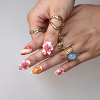 Ongles artificiels 3D faits main, motif fleur de cerisier et orange, de luxe, réutilisables, pour l'été, OEM ODM, logo personnalisé