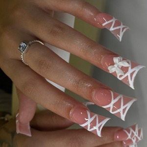 12 Uds./set al por mayor, puntas de uñas postizas pre-diseñadas con forma de almendra y lazo francés, de encaje blanco, para aplicación con pegamento en el dedo XE-94-21 - Product Image 1