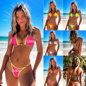 Micro bikini sexy à chaînes pour femme, ensemble côtelé brésilien, maillot de bain, tenue de plage - Product Image 1