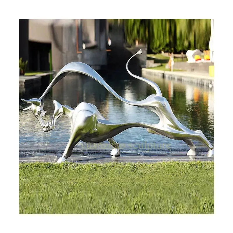 Garden Large Life Size Metal Hand Made Animal Sculptures Stainless Steel Bull Statues