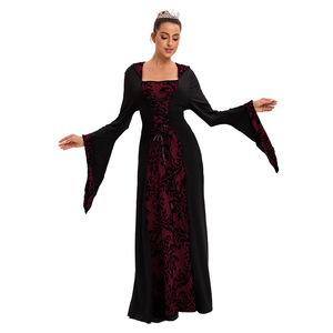 Robe de soirée pour femme de style européen et américain, médiévale, à capuche, jupe ample, imprimée, rétro, littéraire, à manches longues, coupe trapèze, en satin, style Empire - Product Image 2