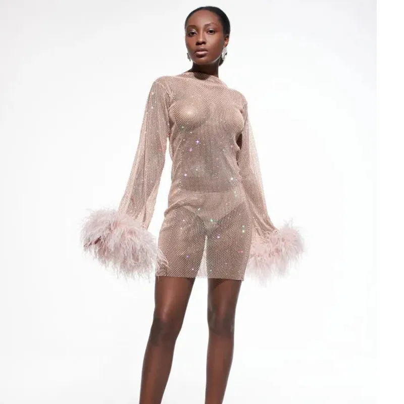 sexy crystal see through embellished mesh fishnet mini dresses nightclub women pink feather dress