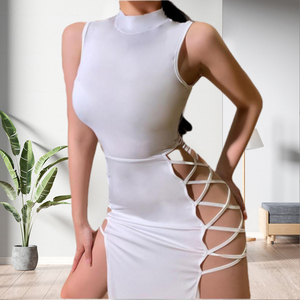 Vestido de malla sexy con cuello alto, sin mangas, con cordones laterales y abertura para mujer - Product Image 4