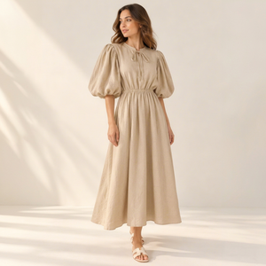 Elegante Vestido Largo Tejido Color Beige Arena para Mujer, Manga Corta, Cuello con Lazo, Estilo Casual para Vacaciones, Corte Sirena, Lavable - Product Image 1