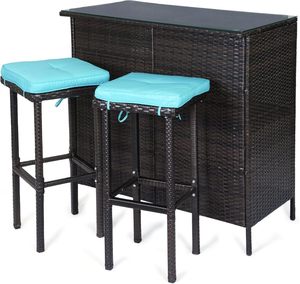 Ensemble <span class=keywords><strong>de</strong></span> meubles en <span class=keywords><strong>rotin</strong></span> 3 pièces, ensemble <span class=keywords><strong>de</strong></span> <span class=keywords><strong>bar</strong></span> <span class=keywords><strong>de</strong></span> patio, table haute en osier marron avec plateau en verre, tabourets avec coussins, étagères <span class=keywords><strong>de</strong></span> rangement pour jardin - Product Image 1