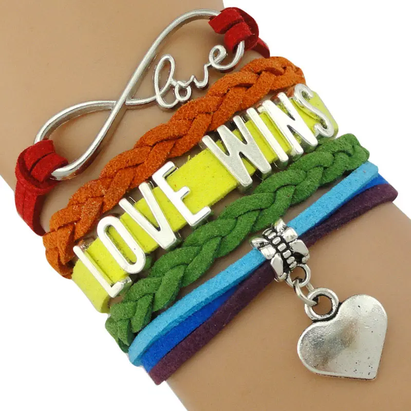 Wholesale PRIDE LGBT RUNNING TEACHER Love is Love Wins Follow Your Heart Rainbow Leather Bracelets for Women