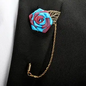 New Arrival Men's And Women's Suits Jewelry Fabric Rose Flower Leaf Brooch Lapel Pins With Chain For Sale