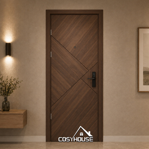Minimalist Dark Walnut Interior Door with Diagonal Inlay Lines and Keypad Lock <b>for</b> Hotel Apartment and Office - Product Image 1