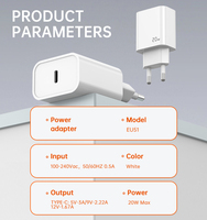 Adaptateur d'alimentation universel à charge rapide USB C 20W Type-C intelligent 3A PD QC3.0 avec prise EU, certifié CE ROHS FCC, ignifuge