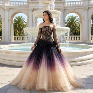 251151 Vestidos de Noche Góticos con Efecto Ombre, para Fiesta Formal, Baile de Graduación, con Cuentas, Apliques, Encaje, Cristales, Largos hasta el Suelo, Corte en A, Cola de Capilla - Product Image 1