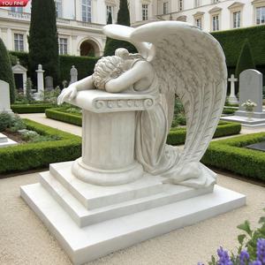 YOUFINE Pierre tombale en <span class=keywords><strong>marbre</strong></span> blanc sculptée à la main, motif ange pleurant avec croix, statue commémorative pour cimetière - Product Image 3