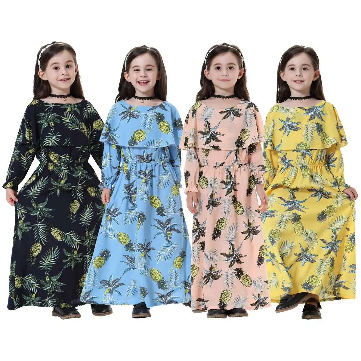 2024 nouvelle vente chaude Stock personnalisable filles imprimé à manches longues robe musulmane islamique Style tropical robe pour enfants