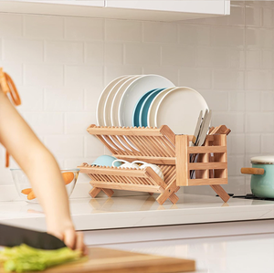 Support à vaisselle pliable en bois à 2 niveaux pour la cuisine, la salle de bain ou le salon, utilisable comme support pour outils, épices, pots de fleurs - Product Image 3