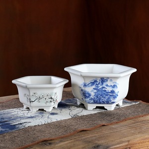 <span class=keywords><strong>Pot</strong></span> en céramique blanche émaillée fait main de qualité supérieure avec impression décorative, grand <span class=keywords><strong>pot</strong></span> de bureau chinois moderne pour bonsaï vert - Product Image 3