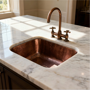 Évier de bar pour villa sur mesure en cuivre martelé à la main, cuve carrée simple épaisse, robinet en laiton, finition moderne, classique et antique - Product Image 5