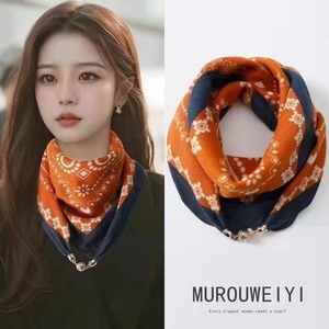 Écharpe carrée en coton et lin imprimée avec fermeture magnétique, cache-cou style coréen, motif frais et doux pour femmes - Product Image 3