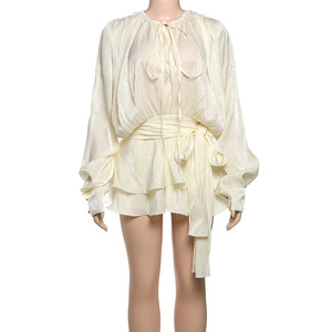 SHENZHU 2026 Spring New Women's Vintage Casual Summer Neck <b>Lantern</b> Long Sleeve Knotted Pleated Waist Slim Fit Fabric - Product Image 3