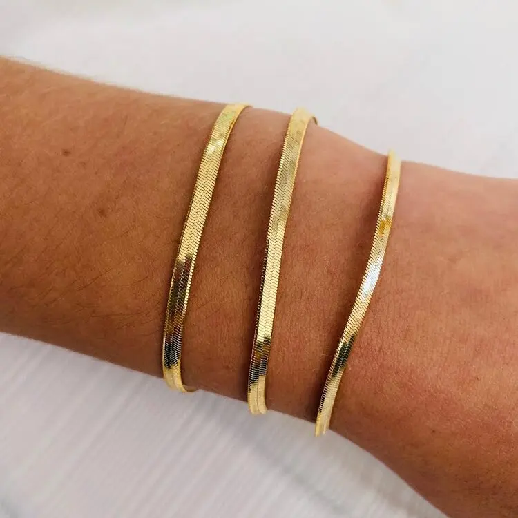 Gelang rantai ular untuk wanita, perhiasan minimalis besi tahan karat berlapis emas datar tulang Herringbone