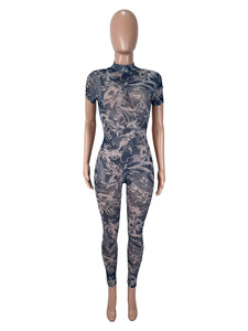 Mono <span class=keywords><strong>de</strong></span> malla con estampado <span class=keywords><strong>de</strong></span> <span class=keywords><strong>tatuajes</strong></span> para <span class=keywords><strong>mujer</strong></span>, cuello alto, <span class=keywords><strong>manga</strong></span> corta, transparente, sin espalda, Catsuit sexy ajustado, ropa <span class=keywords><strong>de</strong></span> club, Unitard - Product Image 4