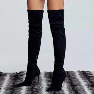 Bottes hautes pour femmes Printemps-Automne 2025 – Nouvelles bottes en daim à talons hauts avec fermeture éclair et élastique fin - Product Image 2